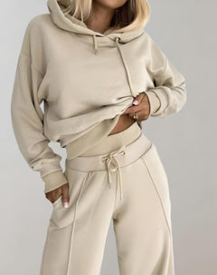 Damen-Loungewear-Set mit Kapuze und weiter Hose - Ariane in Beige