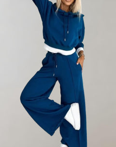 Damen-Loungewear-Set mit Kapuze und weiter Hose - Ariane in Blau