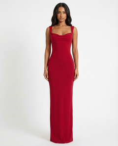 Damen Maxi Kleid mit Cowl Ausschnitt breiten Schulterträgern und geradem Saum in Rot