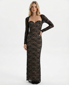 Damen Maxi Kleid mit Herzausschnitt abnehmbaren langen Ärmeln und floralem Spitzenmuster in Schwarz