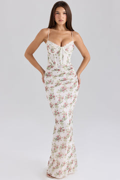 Damen Maxi Kleid mit Herzausschnitt Spaghettiträgern Bindeverschluss und floralem Muster in Weiß mit Blumenmuster