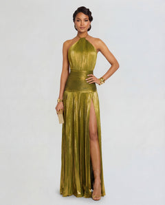 Damen Maxi Kleid mit Neckholder Ausschnitt und Beinschlitz in Grün