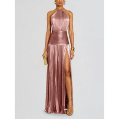 Damen Maxi Kleid mit Neckholder Ausschnitt und Beinschlitz in Rosa