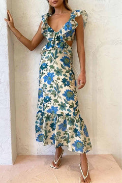 Damen Maxi-Kleid mit V-Ausschnitt und Rüschenträgern mit seitlichen Aussparungen und Bindeverschluss am Rücken in Blau