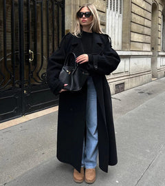 Damen Maxi-Mantel mit zweireihigem Knopfverschluss und Gürtel in Schwarz