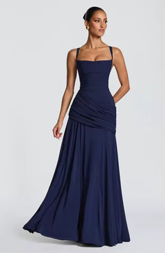 Damen Maxikleid mit Herzausschnitt und asymmetrischer Raffung in Dunkelblau
