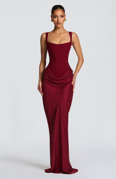 Damen Maxikleid mit Korsettoberteil und Breiten Schulterträgern in Burgund