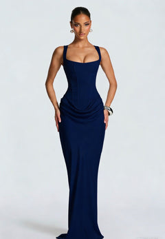 Damen Maxikleid mit Korsettoberteil und Breiten Schulterträgern in Marineblau