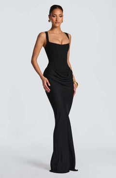 Damen Langes Kleid mit Korsettoberteil breiten Schulterträgern und seitlicher Raffung in Schwarz