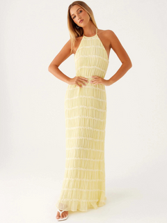 Damen Maxikleid mit Nackenbindung Offenem Rücken und Strukturierter Oberfläche in Gelb