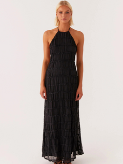 Damen Maxikleid mit Nackenbindung Offenem Rücken und Strukturierter Oberfläche in Schwarz