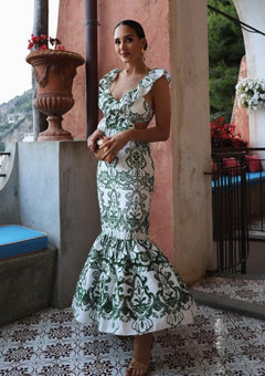 Damen Maxikleid mit Ornamentmuster V-Ausschnitt Rüschenträgern und offenem Rücken in Grün mit Muster