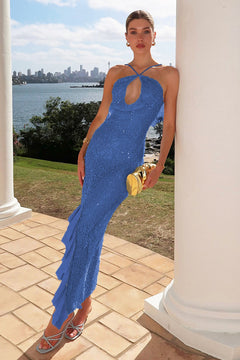 Damen Maxikleid mit Pailletten und kreuzenden Halter Trägern und asymmetrischem Rüschensaum in Blau