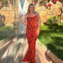 Damen Maxikleid mit Spaghettiträgern und Blumenmuster in Farbe
