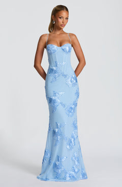 Damen Maxikleid mit Spaghettiträgern und Herzausschnitt mit erhabenen floralen Applikationen in Hellblau
