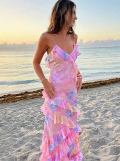 Damen Maxikleid mit Spaghettiträgern V-Ausschnitt Volants und offenem Rücken mit Blumenmuster in Rosa