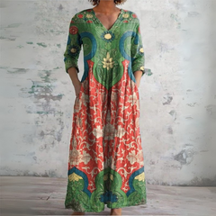 Damen Maxikleid mit V-Ausschnitt Langärmeln und mehrfarbigem Muster in Grün
