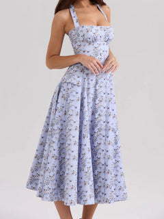 Damen Midi Kleid mit Neckholder Trägern Schleifenbindung A Linien Rock und Blumenmuster in Blau