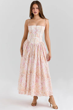 Damen Midi-Kleid mit Spaghettiträgern und Korsett-Nähten am Oberteil in Rosa mit großen Blumen