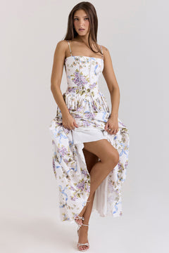 Damen Midi-Kleid mit Spaghettiträgern und Korsett-Nähten am Oberteil in Weiß mit großen Blumen