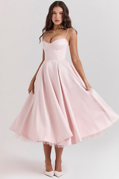 Damen Midikleid mit Bustier-Oberteil Spaghettiträgern Spitzenbesatz am Ausschnitt und Tellerrock mit Seitentaschen in Rosa