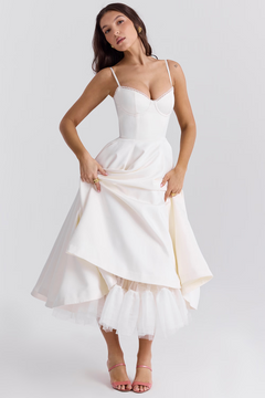Damen Midikleid mit Bustier-Oberteil Spaghettiträgern Spitzenbesatz am Ausschnitt und Tellerrock mit Seitentaschen in Weiß