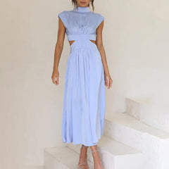 Damen Midikleid mit gerafftem Oberteil Kappenärmeln und seitlichen Taillenausschnitten in Blau