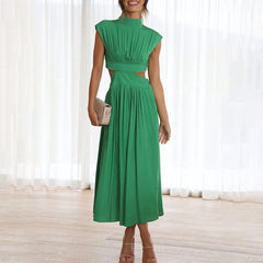 Damen Midikleid mit gerafftem Oberteil Kappenärmeln und seitlichen Taillenausschnitten in Grün