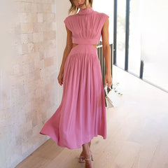 Damen Midikleid mit gerafftem Oberteil Kappenärmeln und seitlichen Taillenausschnitten in Rosa