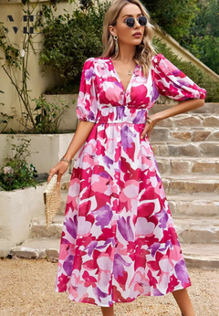 Damen Midikleid mit V-Dekolleté Puffärmeln und Geraffter Taillenpartie in Rosa