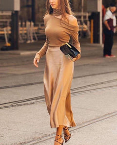 Damen Midirock mit A-Linien-Form und Hoher Taille in Goldbeige