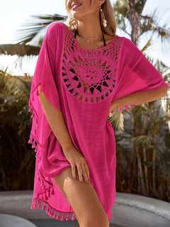 Damen Minikleid mit Häkeleinsatz und Quastenfransen an Saum und Halbärmeln in Rosa