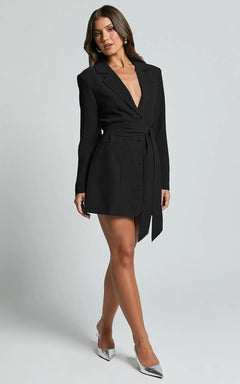 Damen Minikleid mit Reverskragen Langen Ärmeln Knopfverschluss und Bindegürtel in Schwarz