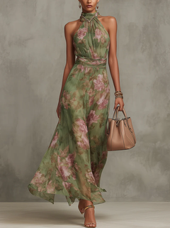 Damen Nackenband Ärmellos Maxi Kleid mit Blumenprint und Taillenbund in Grün mit Blumenprint