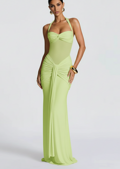 Damen Neckholder Maxikleid mit halbtransparentem Einsatz und Knotenpartie in Hellgrün