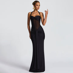 Damen Neckholder Maxikleid mit halbtransparentem Einsatz und Knotenpartie in Schwarz