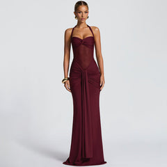 Damen Neckholder Maxikleid mit halbtransparentem Einsatz und Knotenpartie in Weinrot
