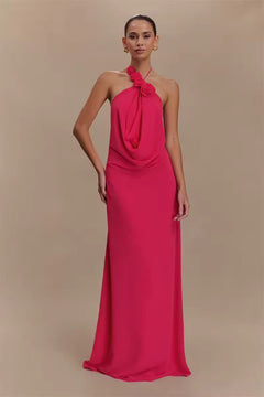 Damen Neckholder Maxikleid mit Rosenapplikationen und offenem Rücken in Rosa