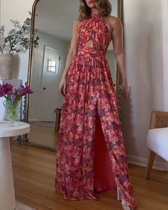 Damen Neckholder-Maxikleid mit Schlüsselloch-Ausschnitt und Blumenmuster mit offenem Rücken und Beinschlitz in Rot mit Blumen