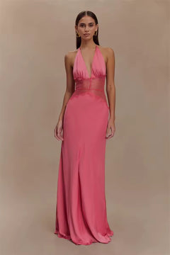 Damen Neckholder Maxikleid mit tiefem V-Ausschnitt und Spitzeneinsatz in Rosa