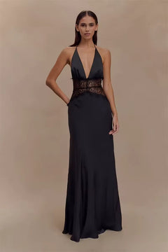 Damen Neckholder Maxikleid mit tiefem V-Ausschnitt und Spitzeneinsatz in Schwarz