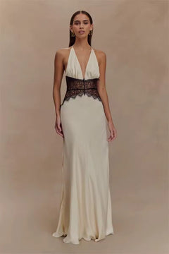 Damen Neckholder Maxikleid mit tiefem V-Ausschnitt und Spitzeneinsatz in Weiß
