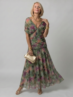 Damen Off-Shoulder Maxi Kleid mit Drapeé-Kragen und Raffbund in Grün mit Aquarelldruck