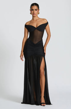 Damen Off-Shoulder Maxikleid mit Schalpartie und halbtransparentem Oberteil in Schwarz