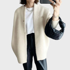 Clara | Damen Oversized Kaschmir Cardigan mit Druckknöpfen in Weiß