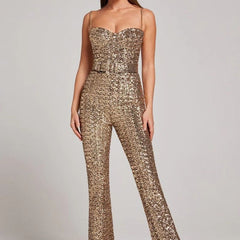 Damen Pailletten Jumpsuit mit Herzausschnitt und weiten Hosenbeinen in Gold