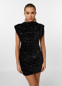 Damen Pailletten-Minikleid mit Rundhalsausschnitt und Strukturierten Schultern in Schwarz