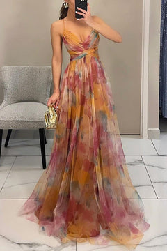 Damen Plissiertes Maxikleid mit Blumenmuster und Spaghettiträgern und Wickelausschnitt in Orange