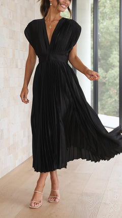 Damen Plissiertes Midikleid mit Tiefem V-Ausschnitt und Taillenband in Schwarz