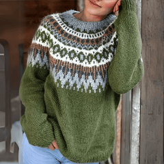 Damen Pullover mit Rundhalsausschnitt Norwegermuster an der Passe und langen Ärmeln in Grün